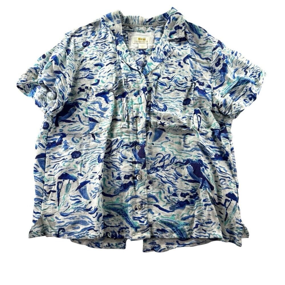 Anthropologie Maeve Classic Surf Button Up XS Floral Linen Blend Short Sleeve